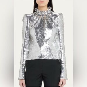 Paco Rabanne Stand-Collar Silver Sequin Top SZ 34